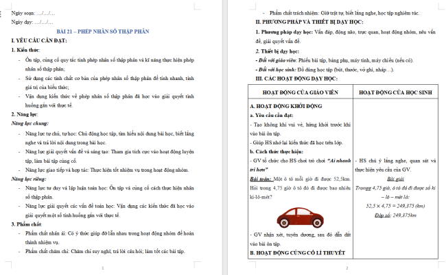 Giáo án dạy thêm Toán 5 Bài 21: Phép nhân số thập phân