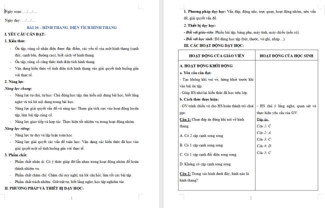 Giáo án dạy thêm Toán 5 Bài 26: Hình thang. Diện tích hình thang