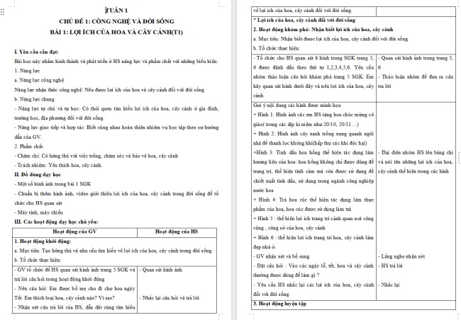 Giáo án Công nghệ 4 Bài 1: Lợi ích của hoa và cây cảnh