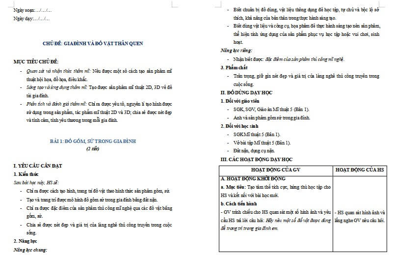 Giáo án Mĩ thuật 5 Chủ đề 3 Bài 1: Đồ gốm sứ trong gia đình