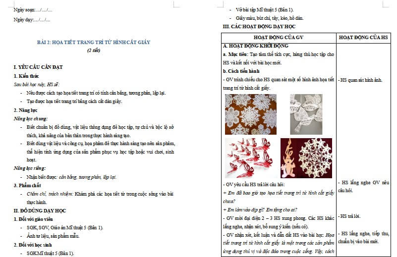 Giáo án Mĩ thuật 5 Chủ đề 3 Bài 2: Hoạ tiết trang trí từ hình cắt giấy