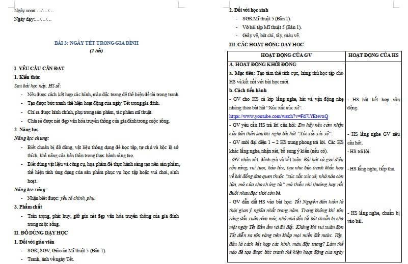 Giáo án Mĩ thuật 5 Chủ đề 3 Bài 3: Ngày Tết trong gia đình