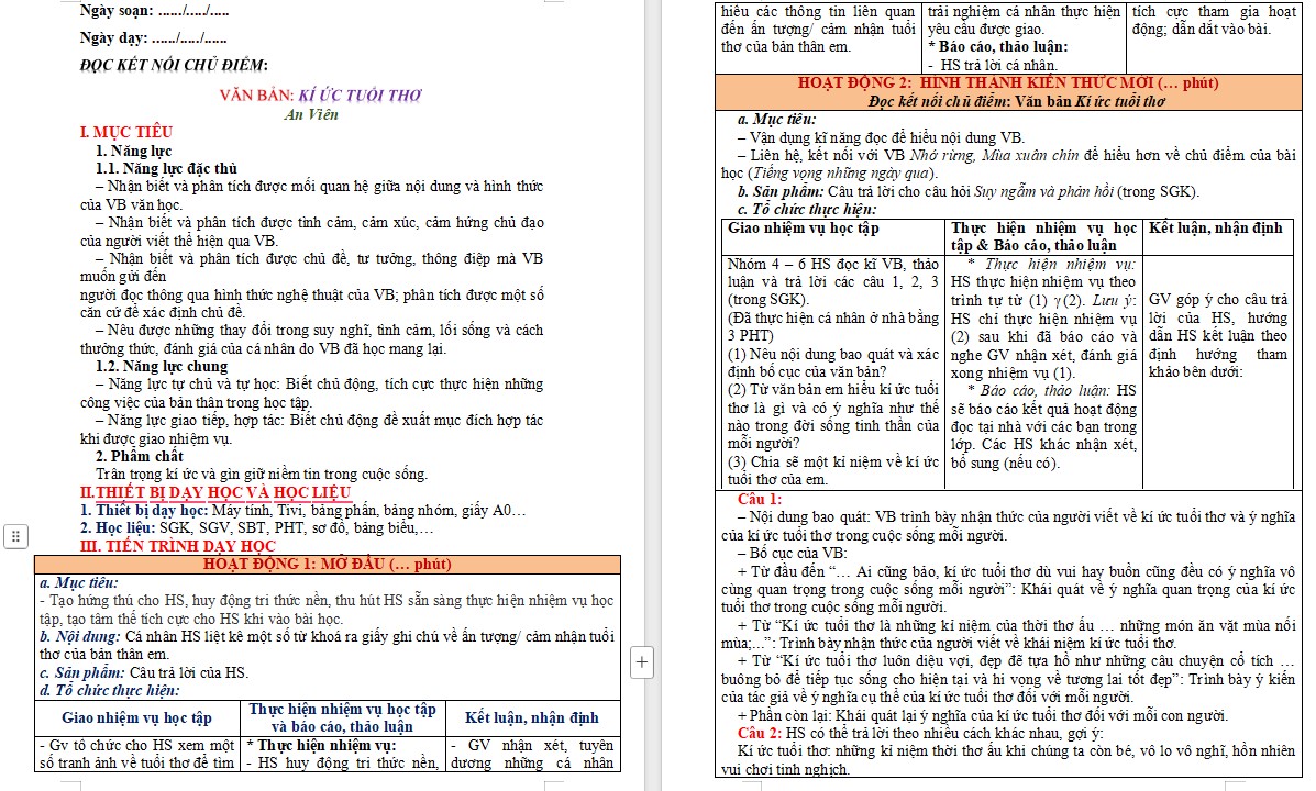 Giáo án Bài Kí ức tuổi thơ Ngữ văn 9 CTST