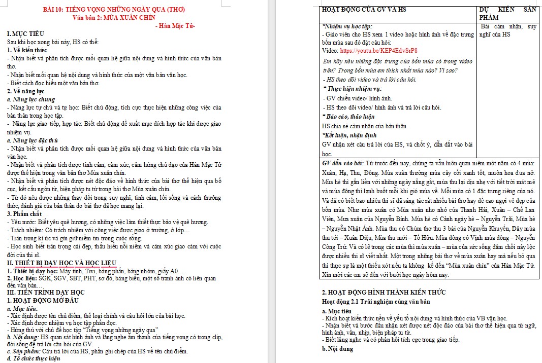 Giáo án Bài Mùa xuân chín Ngữ văn 9 CTST