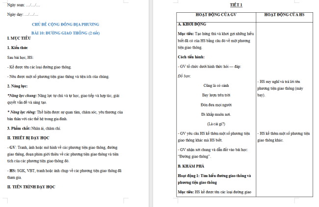 Giáo án Tự nhiên và xã hội 2 Bài 10: Đường giao thông