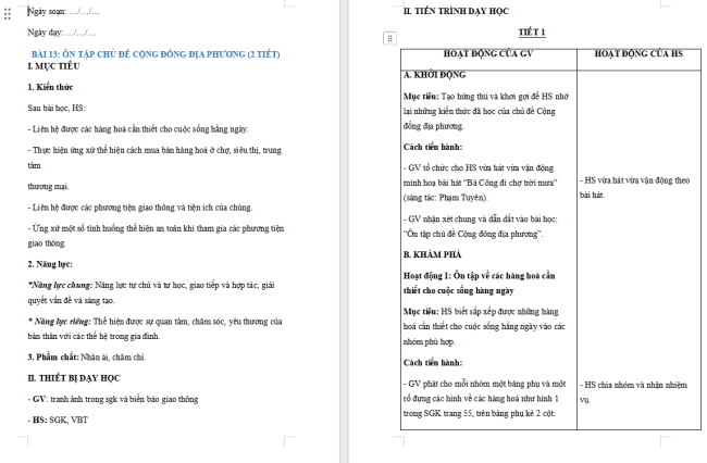 Giáo án Tự nhiên và xã hội 2 Bài 13: Ôn tập chủ đề cộng đồng địa phương