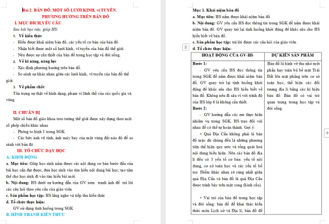 Giáo án Địa lí 6 Bài 2: Bản đồ. Một số lưới kinh, vĩ tuyến. Phương hướng trên bản đồ
