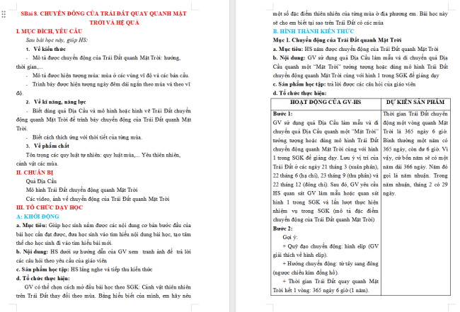 Giáo án Địa lí 6 Bài 8: Chuyển động của Trái Đất quanh Mặt Trời và hệ quả
