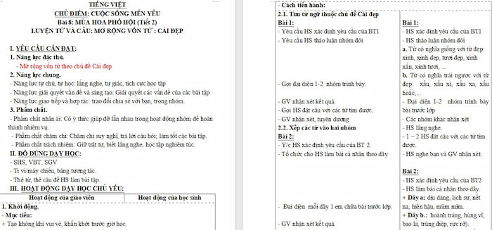 Giáo án Tiếng Việt 4: Mở rộng vốn từ Cái đẹp