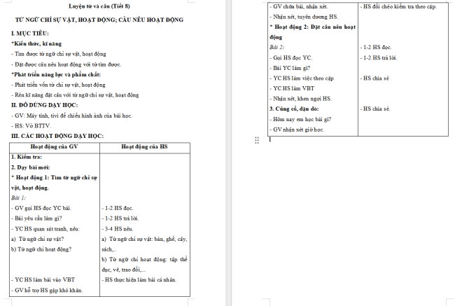 Giáo án Tiếng Việt 2 Bài 10: Từ ngữ chỉ sự vật, hoạt động. Câu nêu hoạt động