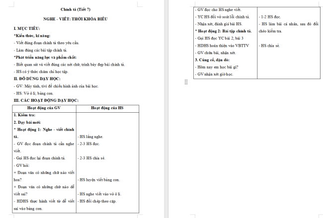 Giáo án Tiếng Việt 2 Bài 10: Viết Thời khoá biểu