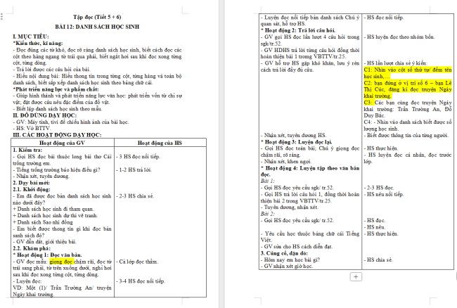 Giáo án Tiếng Việt 2 Bài 12: Đọc Danh sách học sinh