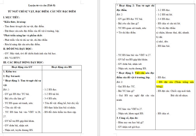 Giáo án Tiếng Việt 2 Bài 12: Từ ngữ chỉ sự vật, đặc điểm. Câu nêu đặc điểm
