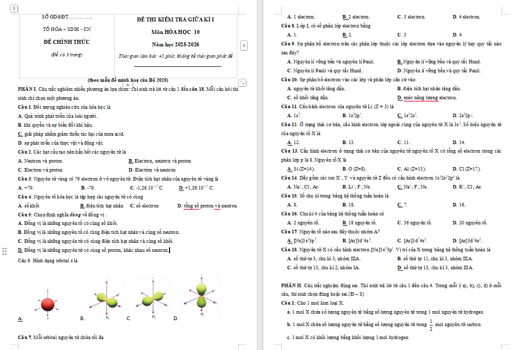 Đề kiểm tra giữa kì 1 Hóa học 10 K