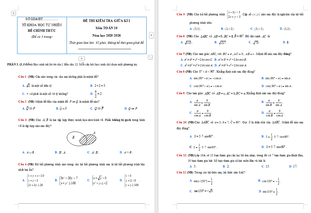 Đề thi giữa kì 1 Toán 10 Chân trời sáng tạo