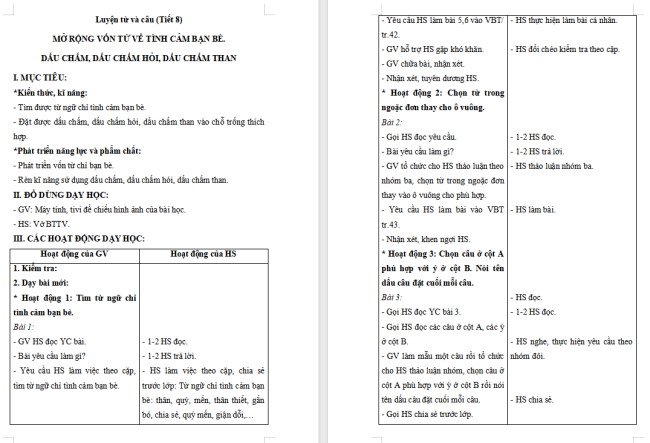 Giáo án Tiếng Việt 2 Bài 18: Mở rộng vốn từ về tình cảm bạn bè. Dấu chấm, dấu chấm hỏi, dấu chấm than