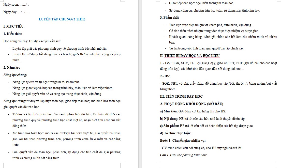 Giáo án Toán 9 Bài Luyện tập chung Chương 2 file word