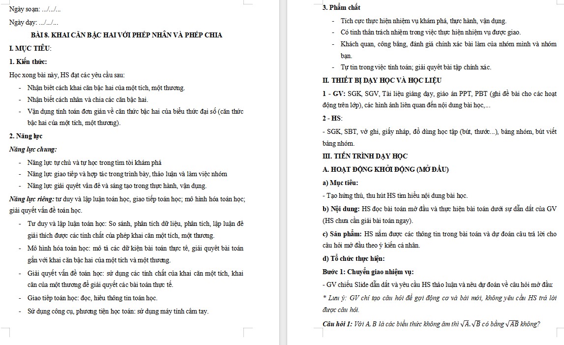 Giáo án Toán 9 Bài 8 file word