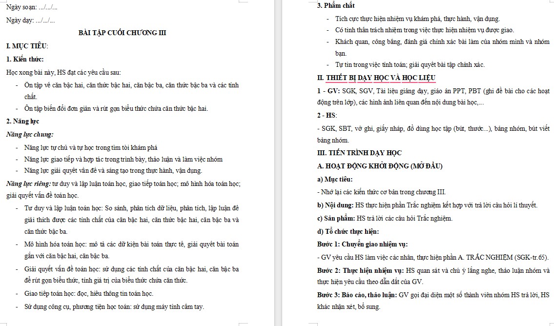 Giáo án Toán 9 Bài tập cuối Chương 3 file word