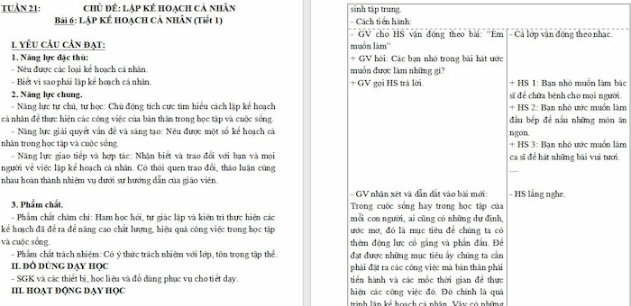 Giáo án Đạo đức 5: Lập kế hoạch cá nhân