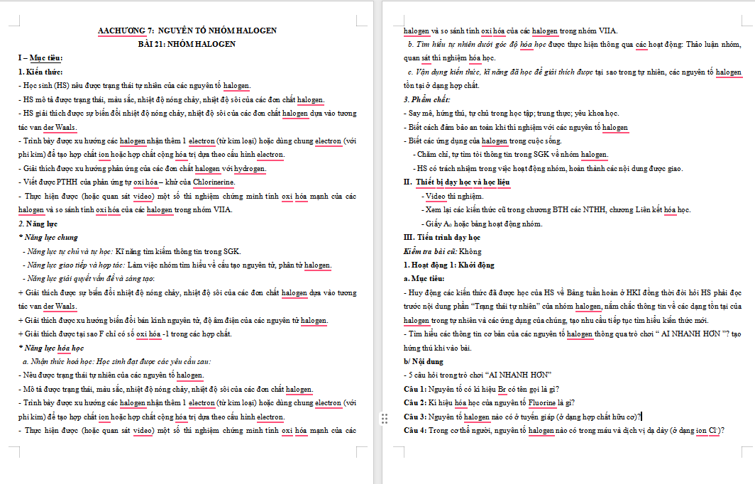 Giáo án Hóa học 10 Bài 21: Nhóm halogen