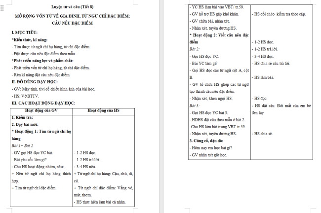 Giáo án Tiếng Việt 2 Bài 26: Mở rộng vốn từ về gia đình, từ ngữ chỉ đặc điểm. Câu nêu đặc điểm