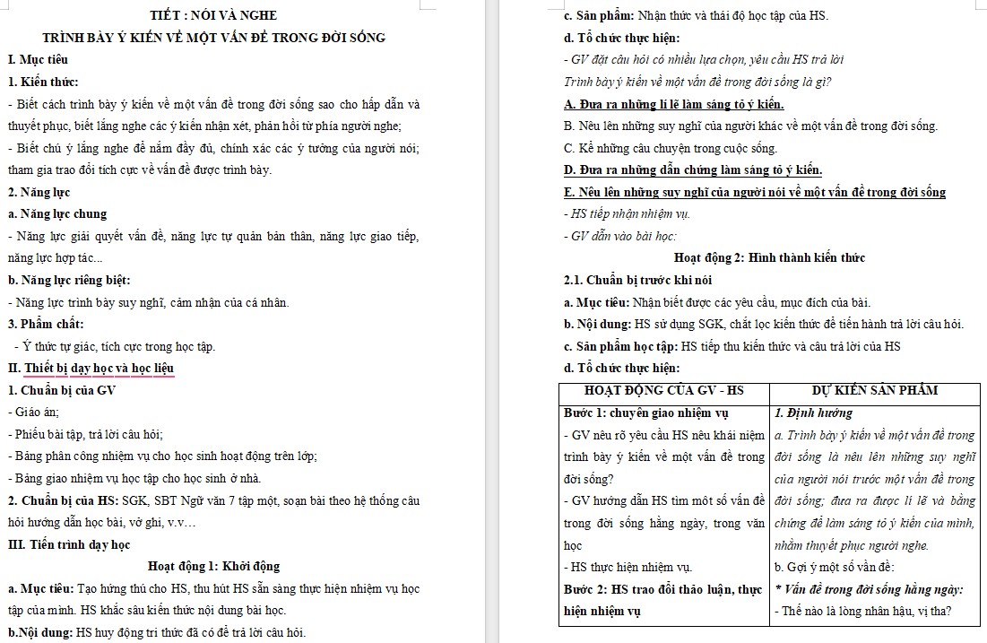 Giáo án Bài Trình bày ý kiến về một vấn đề trong đời sống Ngữ văn 7 Cánh Diều