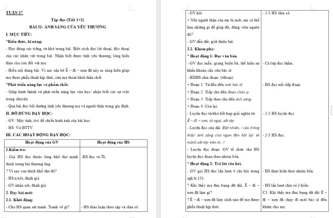 Giáo án Tiếng Việt 2 Bài 31: Ánh sáng của yêu thương