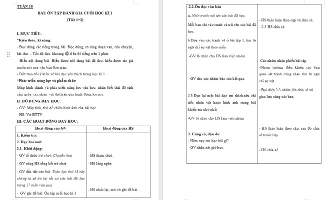 Giáo án Tiếng Việt 2 Ôn tập cuối học kì I (Tiết 1, 2)
