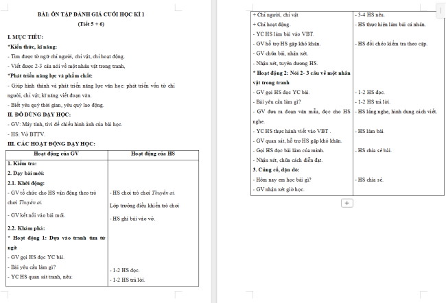 Giáo án Tiếng Việt 2 Ôn tập cuối học kì I (Tiết 5, 6)