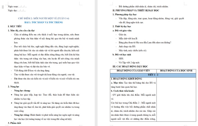 Giáo án Tiếng Việt 2 Bài 1: Đọc Tóc xoăn và tóc thẳng