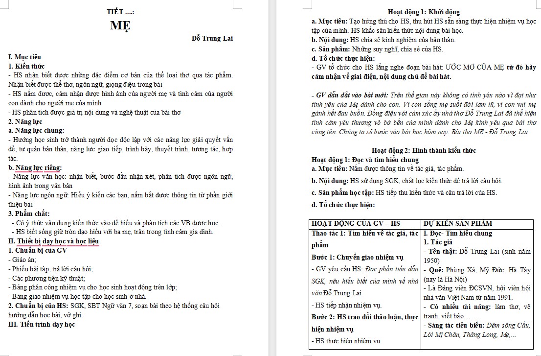 Giáo án Bài Mẹ (Đỗ Trung Lai) Ngữ văn 7 Cánh Diều