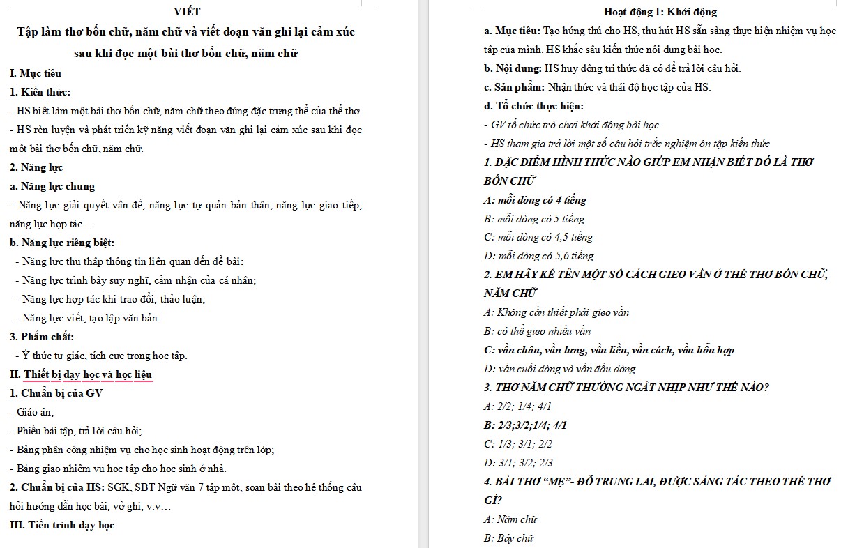 Giáo án Bài Viết tập làm thơ bốn chữ, năm chữ Ngữ văn 7 Cánh Diều