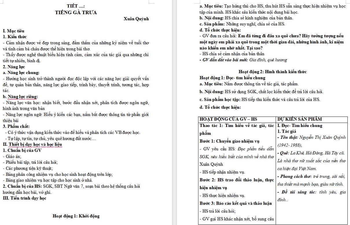 Giáo án Bài Tiếng gà trưa Ngữ văn 7 Cánh Diều