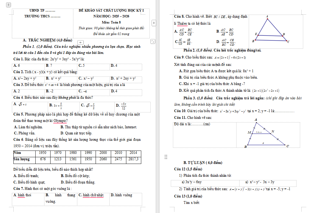 Đề kiểm tra cuối kì 1 Toán lớp 8