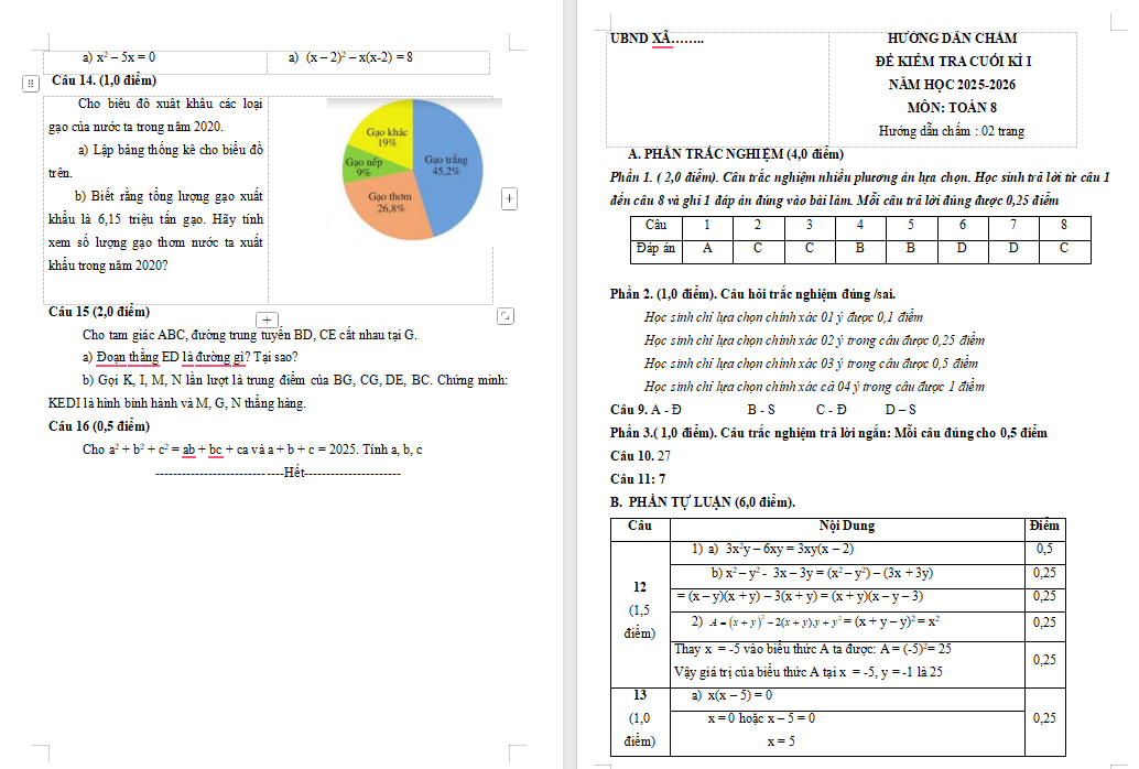 Đề kiểm tra cuối kì 1 Toán lớp 8