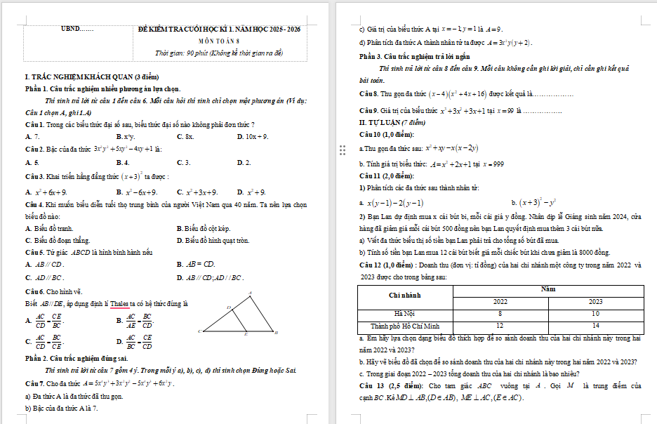 Đề thi cuối kì 1 Toán lớp 8