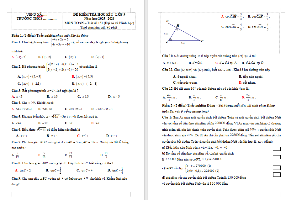 Đề thi cuối học kì 1 Toán 9 Kết nối tri thức 