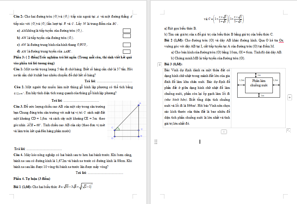Đề thi cuối học kì 1 Toán 9 Kết nối tri thức 