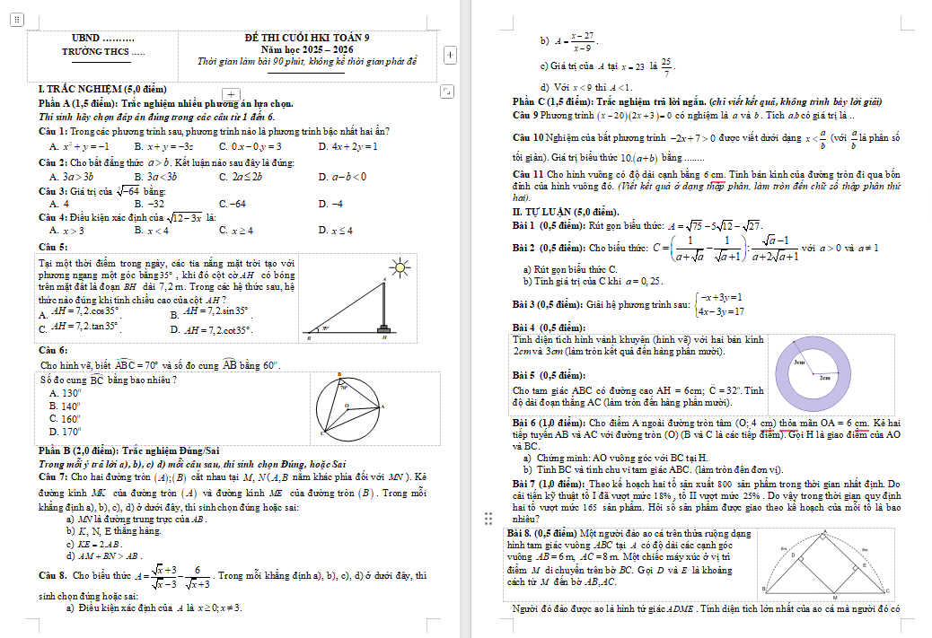 Đề thi cuối kì 1 Toán lớp 9