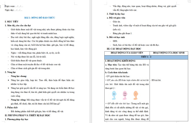 Giáo án Tiếng Việt 2 Bài 2: Nghe - viết Đồng hồ báo thức, Phân biệt c/k, ay/ây, âc/ât