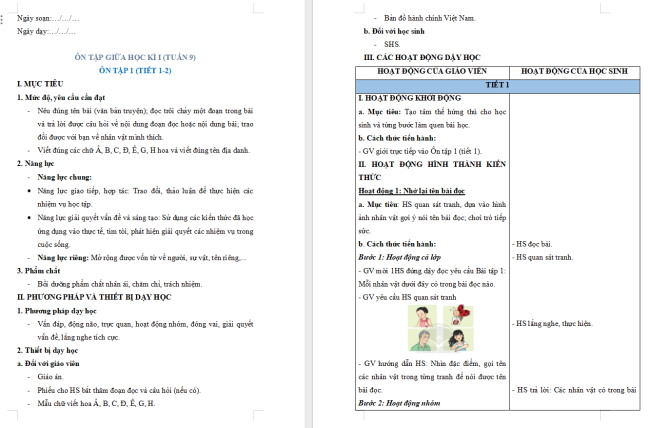 Giáo án Tiếng Việt 2 Ôn tập giữa học kì I - Ôn tập 1