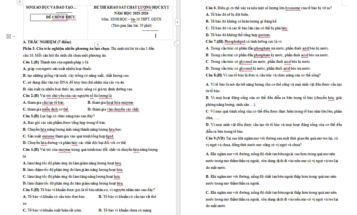Đề kiểm tra cuối kì 1 Sinh học 10