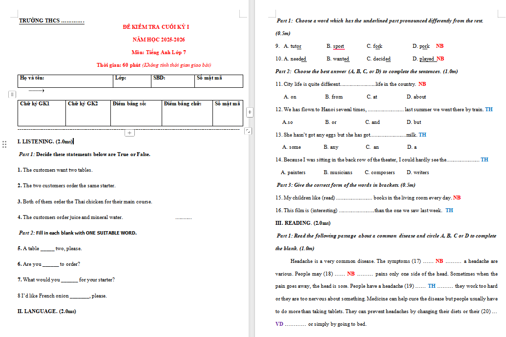Đề thi cuối kì 1 tiếng Anh 7 Global Success