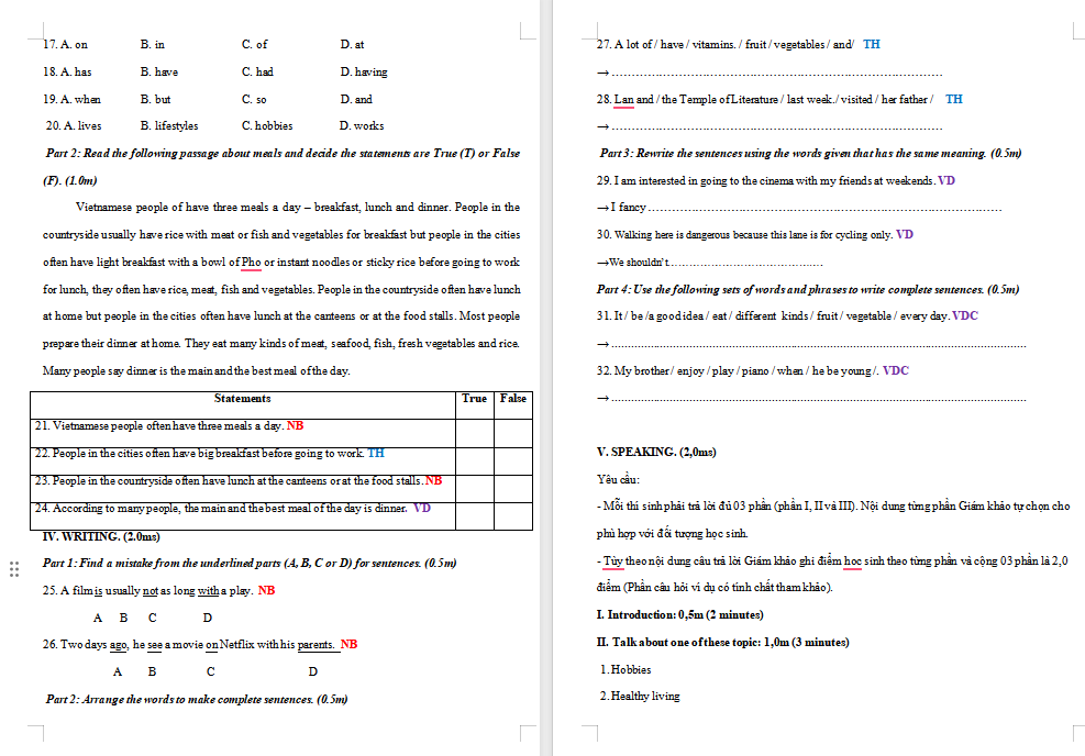 Đề thi cuối kì 1 tiếng Anh 7 Global Success