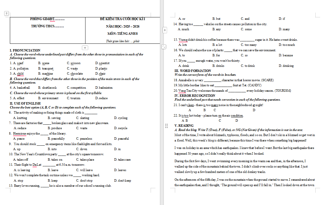 đề kiểm tra cuối kì 1 Tiếng Anh 8