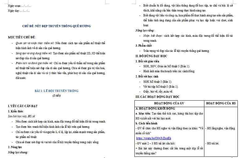 Giáo án Mĩ thuật 5 Chủ đề 6 Bài 1: Lễ hội truyền thống