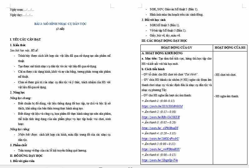 Giáo án Mĩ thuật 5 Chủ đề 6 Bài 3: Mô hình nhạc cụ dân tộc