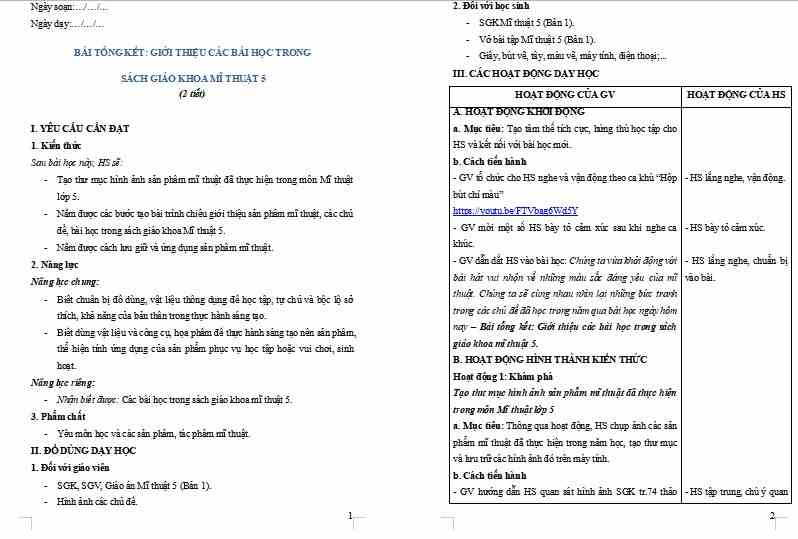 Giáo án Mĩ thuật 5 Bài tổng kết: Giới thiệu các bài học trong sách giáo khoa Mĩ thuật 5