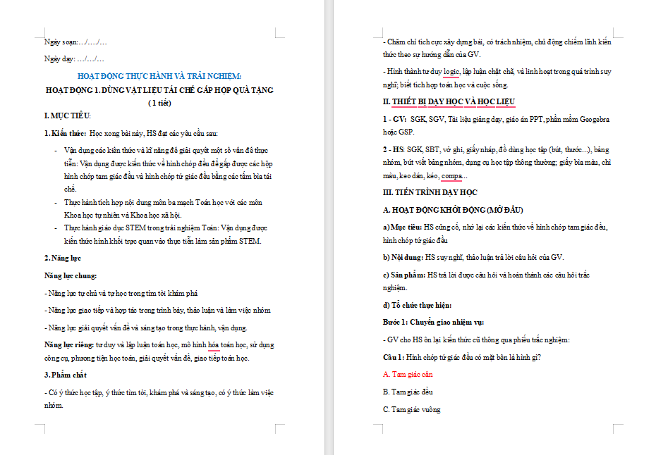 Hoạt động 1 Dùng vật liệu tái chế gấp hộp quà tặng